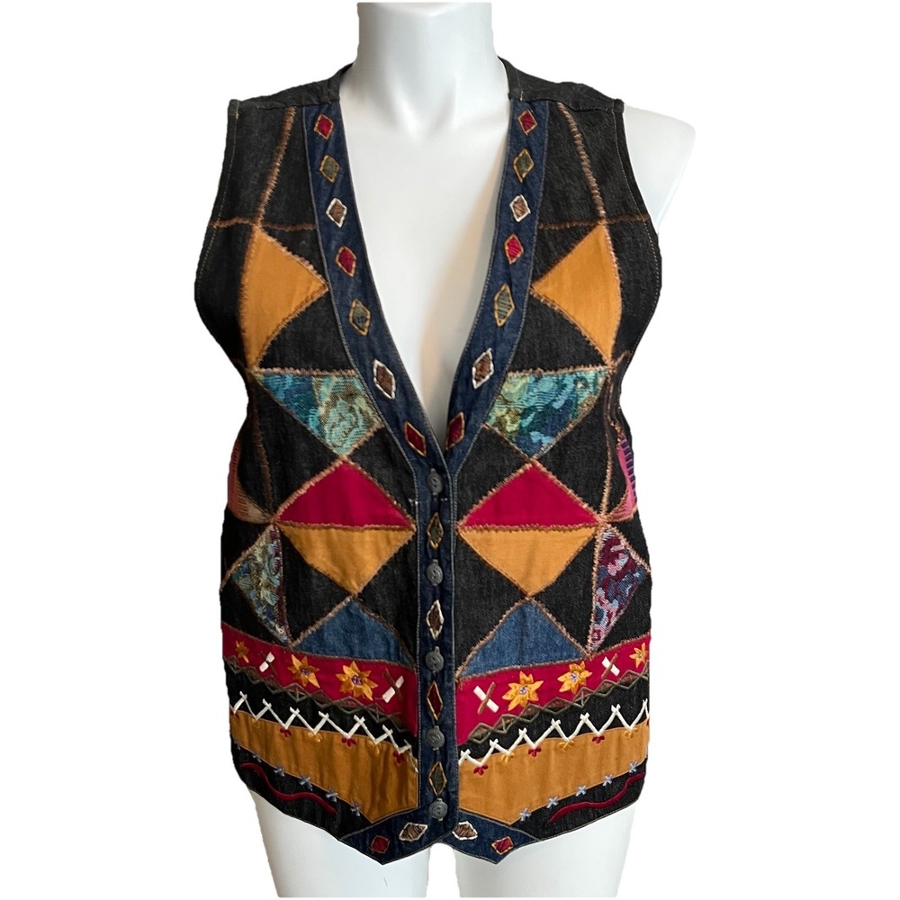 VTG Carole Little Denim Embroidered Patchwork Vest L  Festival‎ Cottagecore Boho